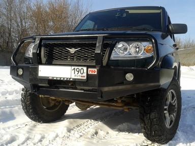 Силовой передний бампер РИФ для УАЗ Pickup (Патриот Пикап) с доп фарами